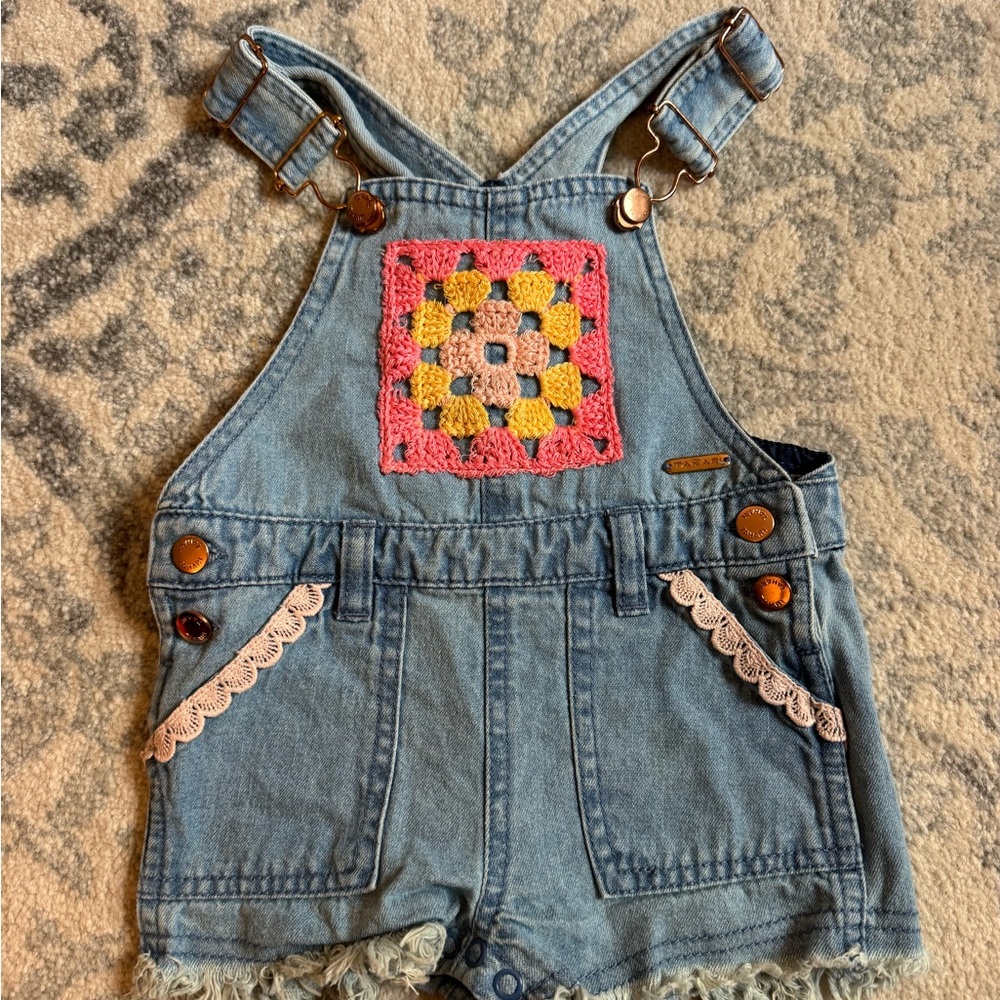 Tahari Light Blue Denim Crochet Patch Overalls with Pink Trim